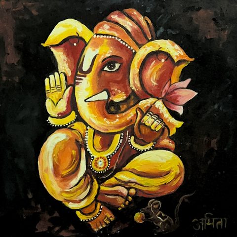 Lord Ganesha in rich ornaments with one hand raised in blessing, on a dark background, by Amita