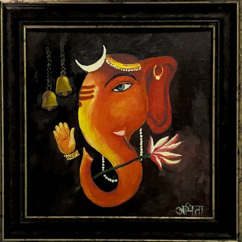 Framed painting of Lord Ganesha with a crescent moon and a lotus, in orange on black, by Amita