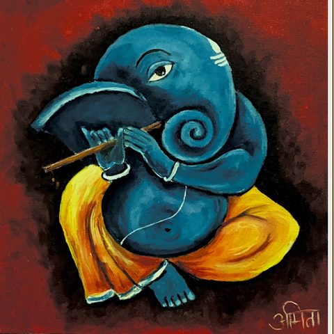 Blue Lord Ganesha playing a flute, in a golden cloth on a red background, by Amita