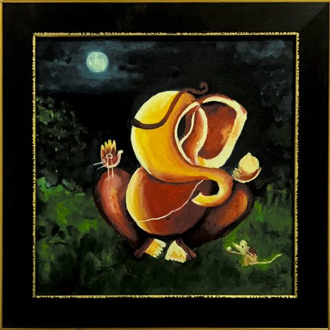 Framed night painting of Lord Ganesha sitting under the moon among grass and trees, by Amita