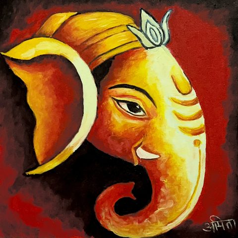 Curling Lord Ganesha head painted in warm orange and red, by Amita