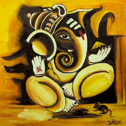 Seated Lord Ganesha painted in golden yellow and earthy brown, with his mouse, by Amita