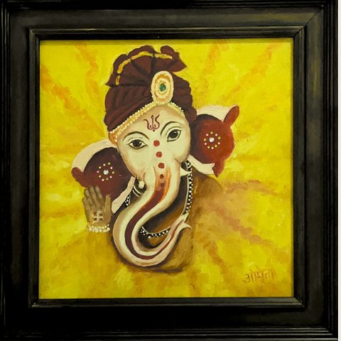 Framed painting of Lord Ganesha in a turban against a golden yellow background, by Amita