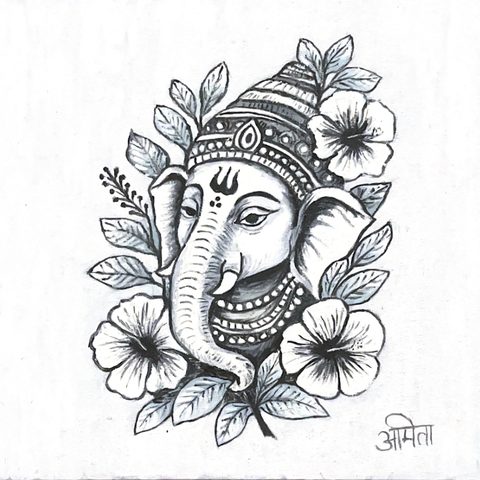 Black and white line drawing of Lord Ganesha surrounded by flowers and leaves, by Amita