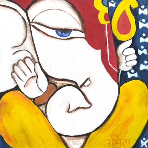 Close-up painting of Lord Ganesha's calm face in red, yellow and blue, by Amita
