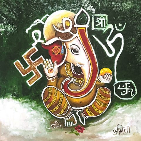 Lord Ganesha painting with Om, Shri and Swastik symbols on a green background, by Amita