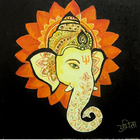 Lord Ganesha face before a ring of orange petals on black, by Amita
